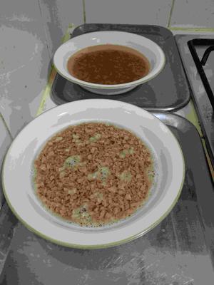 Soya Granules (front) and Burgul (back, in stock) soaking.