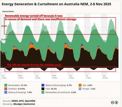 Chart of Electricity Generation in Australia, with storage and curtailment highlighted