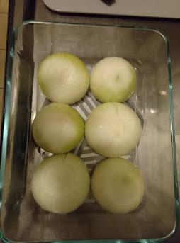 6 onion halves placed large side down in a dish.